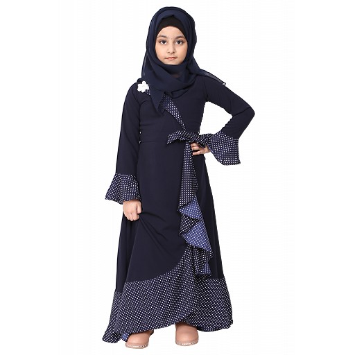 Designer abaya with Polka dotted frills for kids- Navy Blue